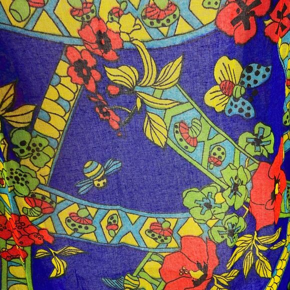 Vintage 70s Lanz Novelty Mushroom Butterfly Poppies Bee Sheer Blouse Tunic Shirt - Picture 8 of 13